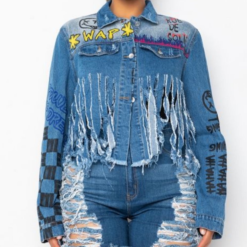 AZALEA WANG PLUS WAP ULTRA CROPPED DISTRESSED DENIM JACKET